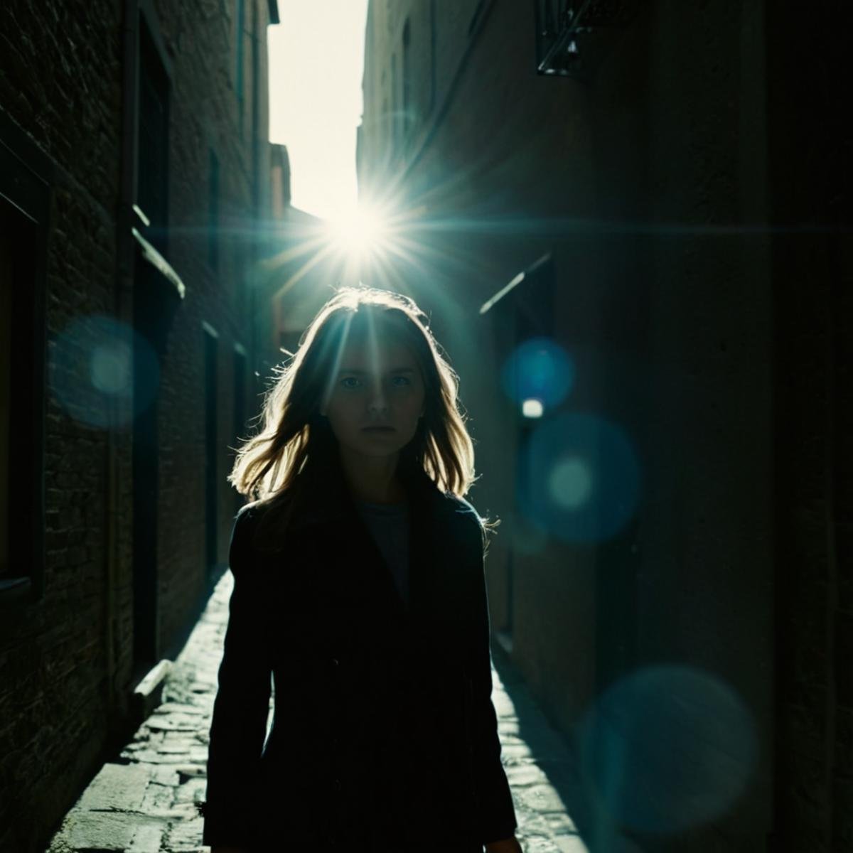 cinematic film still of 1 realism Chiaroscuro Lighting Style Anamorphic lens flare reflection a person walking down a narr...