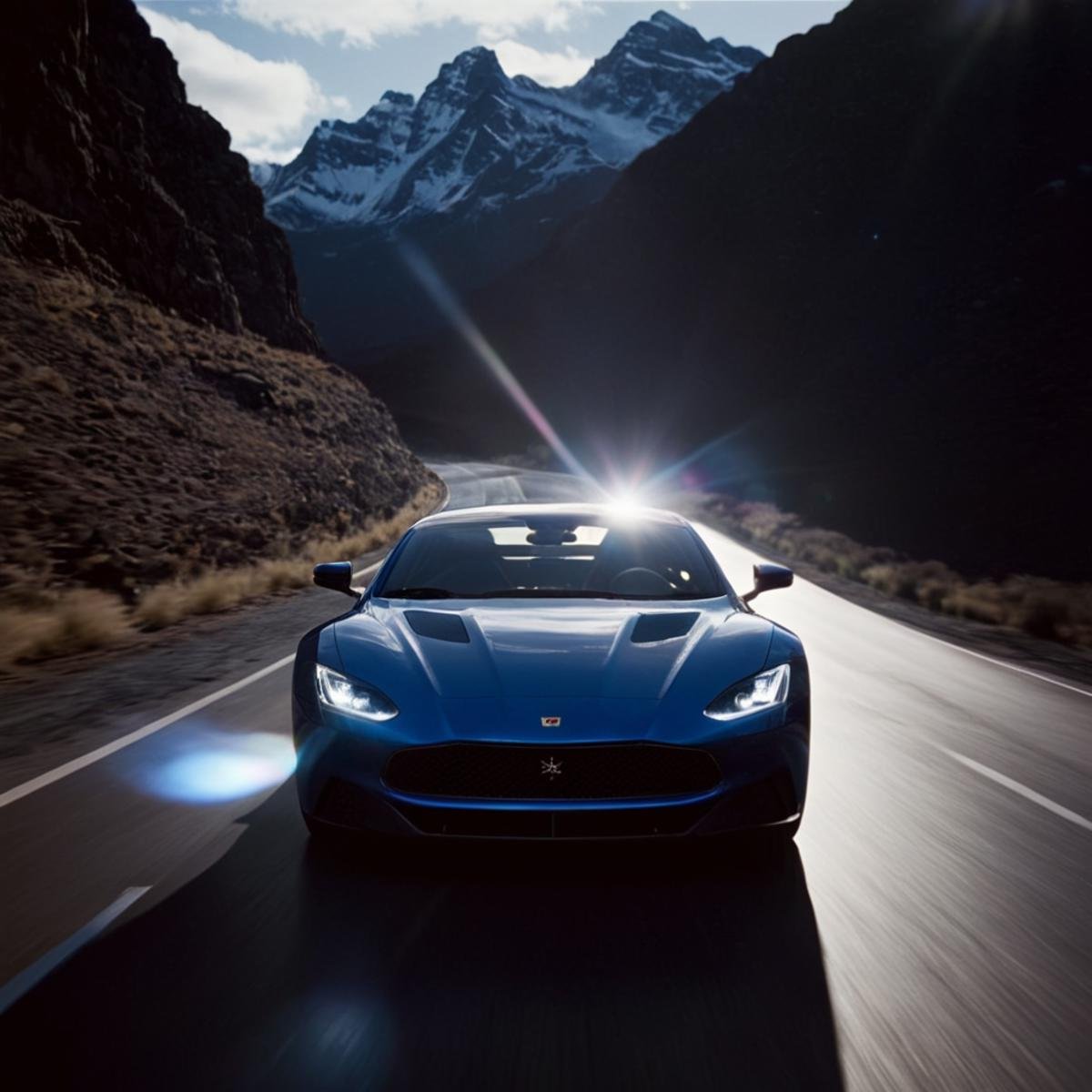 cinematic film still of 1 realism Chiaroscuro Lighting Style Anamorphic lens flare reflection a blue sports car driving do...