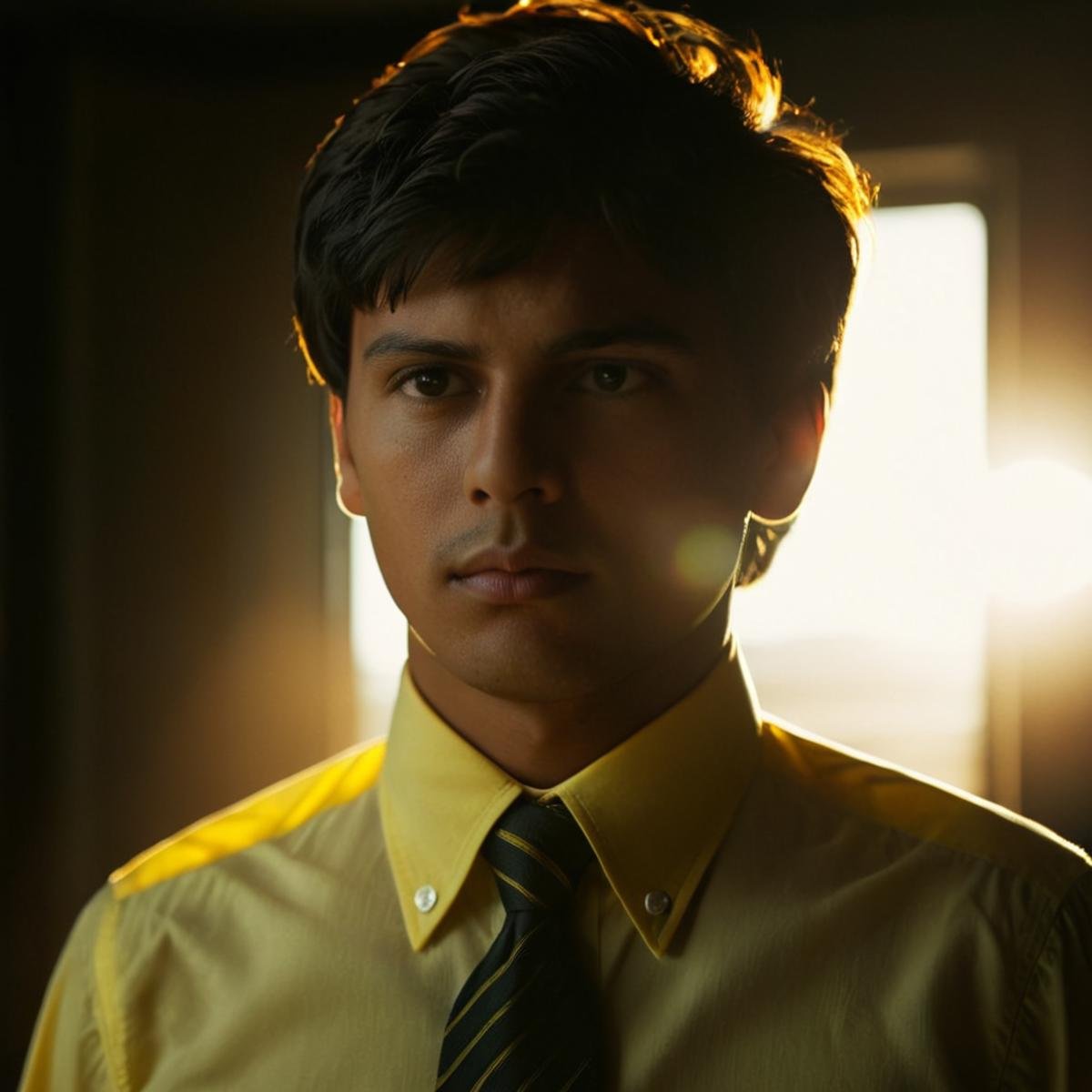 cinematic film still of 1 realism Chiaroscuro Lighting Style spherical lens flare reflection a man with a tie and a yellow...
