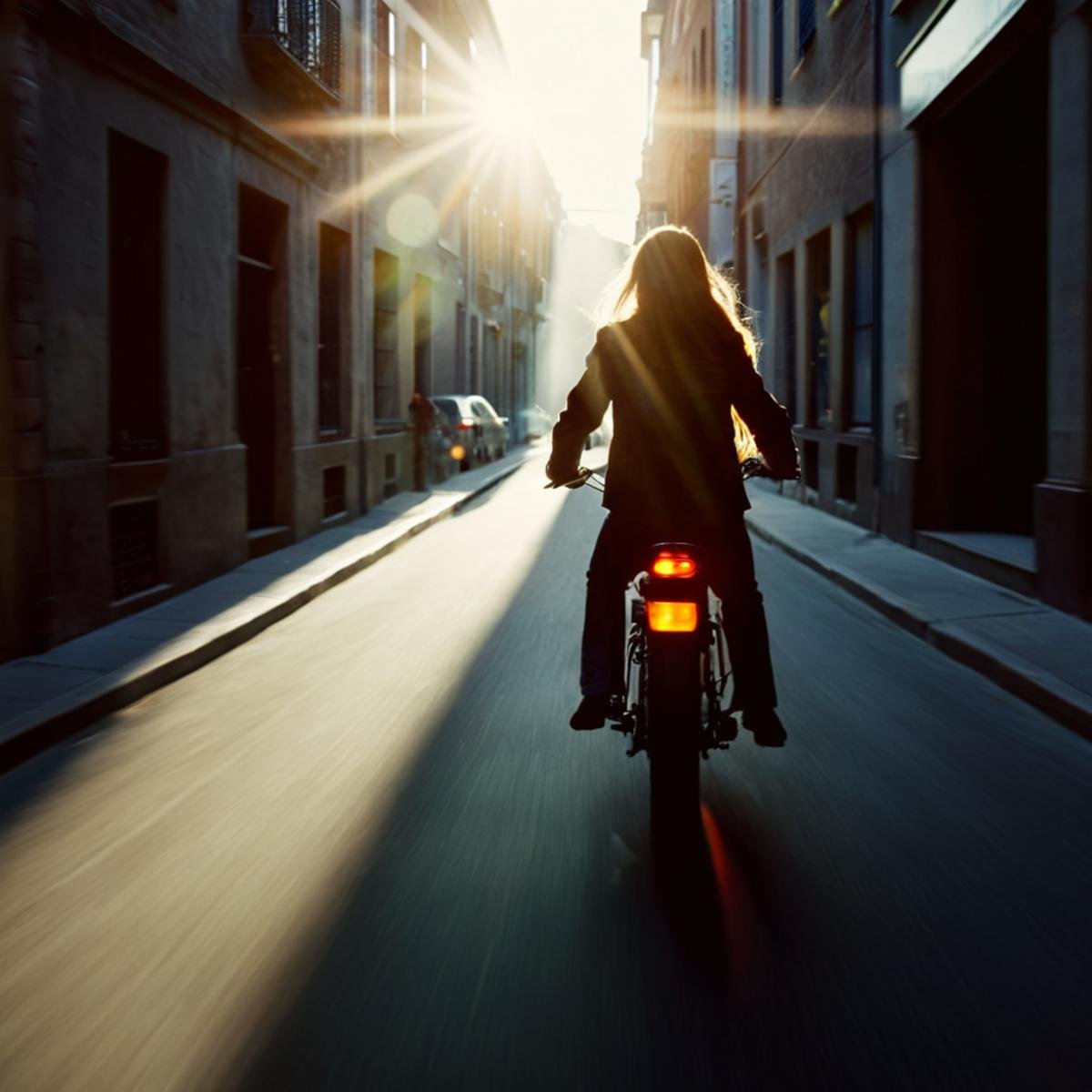 cinematic film still of 1 realism Chiaroscuro Lighting Style Anamorphic lens flare reflection a person riding a bike down...