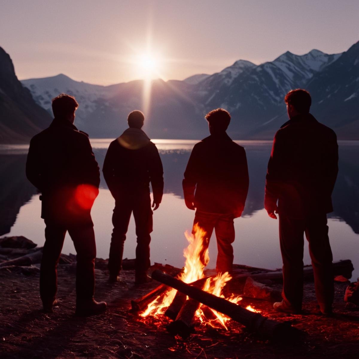 cinematic film still of 1 realism Chiaroscuro Lighting Style red lens flare reflection a group of people standing around a...