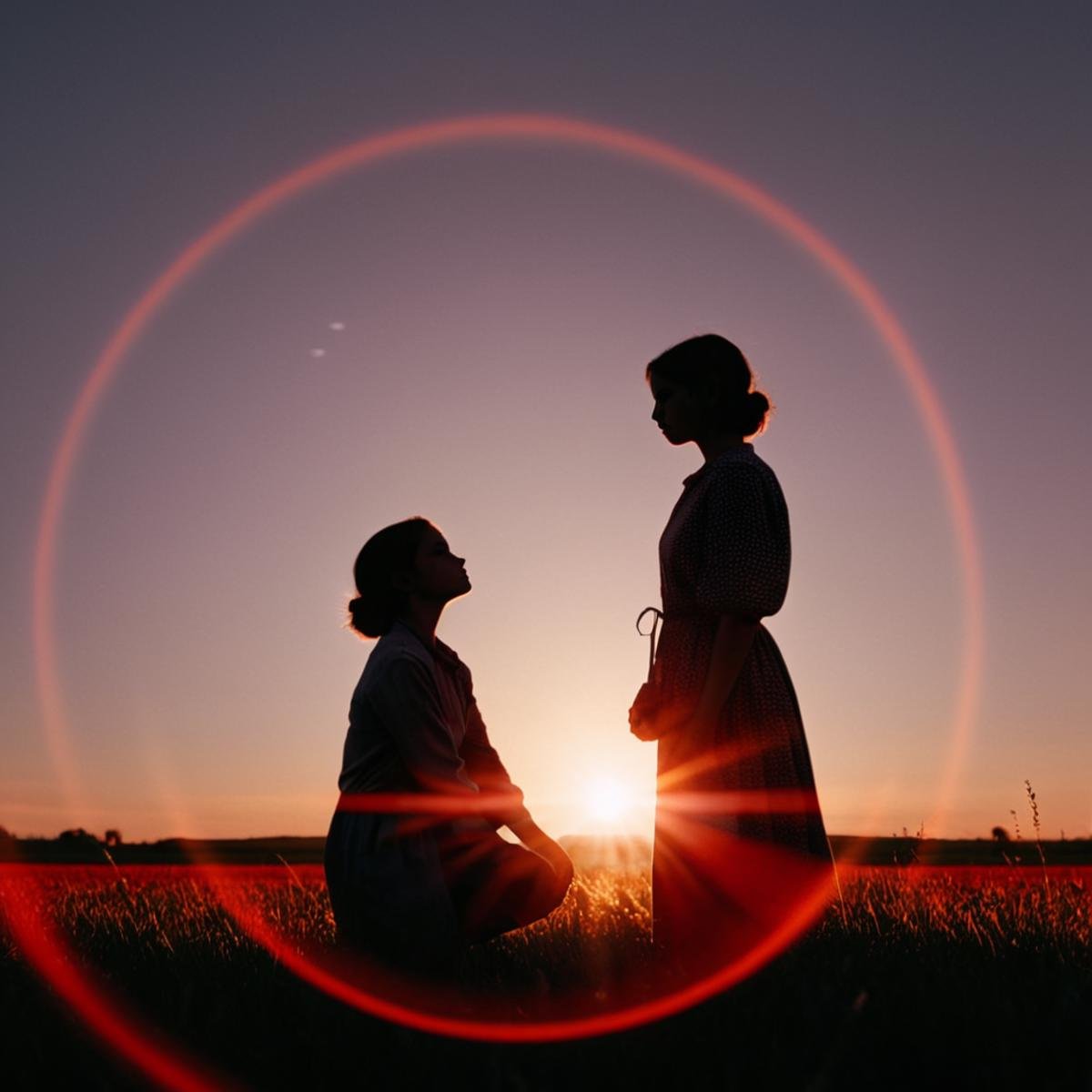 cinematic film still of 1 realism Chiaroscuro Lighting Style red sun spherical lens flare reflection a person standing in...