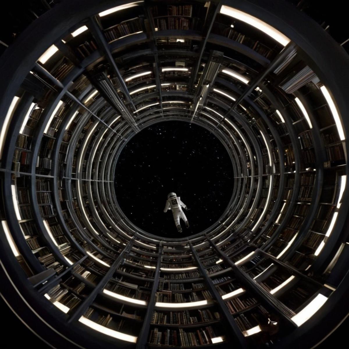 Surrealism,  1 realism perfect Chiaroscuro Lighting Style a circular space station flying through a galaxy with a star and...
