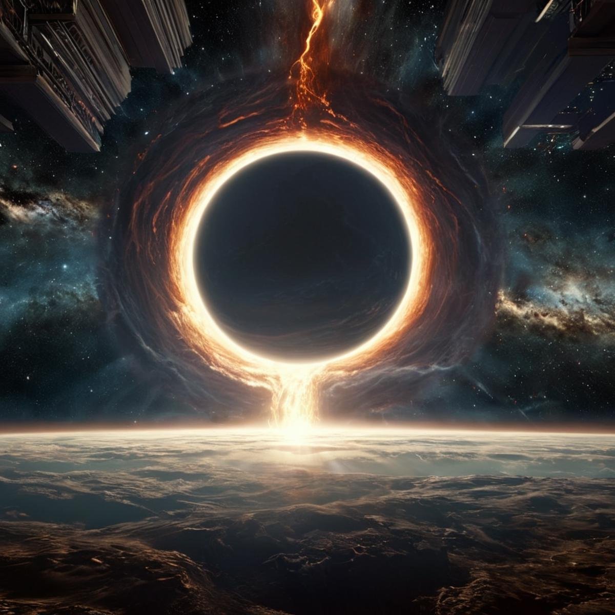 Surrealism,  1 realism perfect Chiaroscuro Lighting Style a view of a planet with a very large glowing black hole explodin...