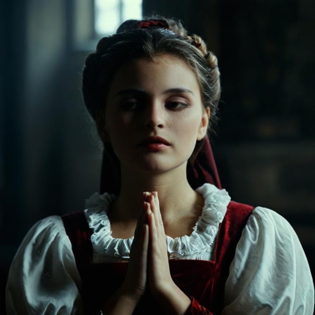cinematic film still of 1 realism perfect Chiaroscuro Lighting StyleSelene a woman in a dress is praying In the 19th centu...