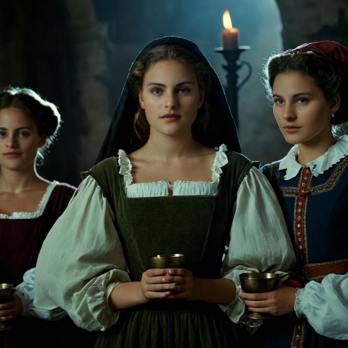 cinematic film still of 1 realism perfect Chiaroscuro Lighting StyleA different unique creative picture of three women in...