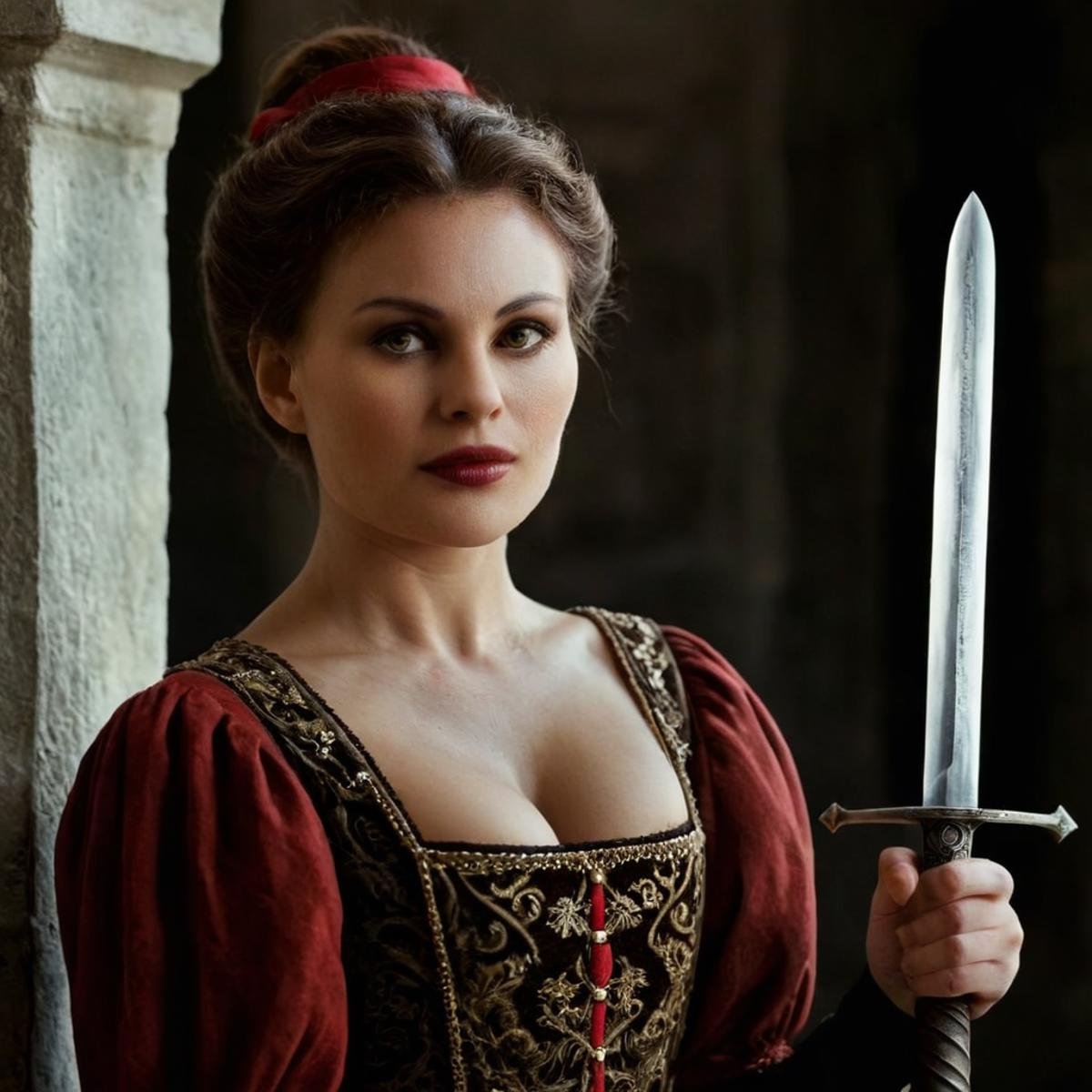 cinematic film still of 1 realism perfect Chiaroscuro Lighting StyleElizabeth Bathory a milf woman in a dress with a sword...