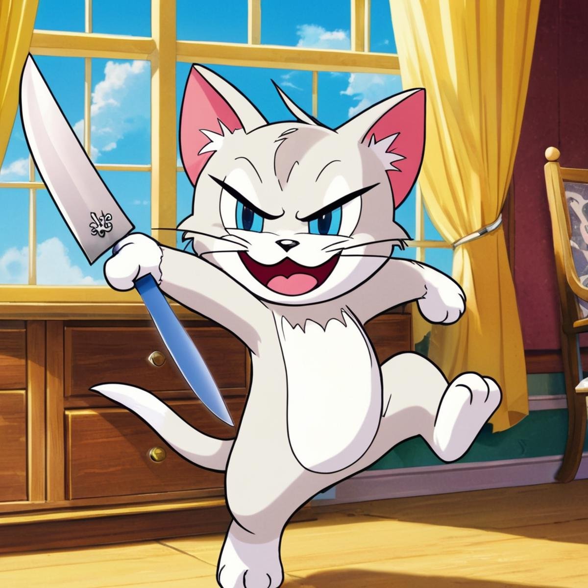 anime artwork of Toodles Galore A cartoon animated picture of a sinister villain white evil cartoon creepycat is running w...