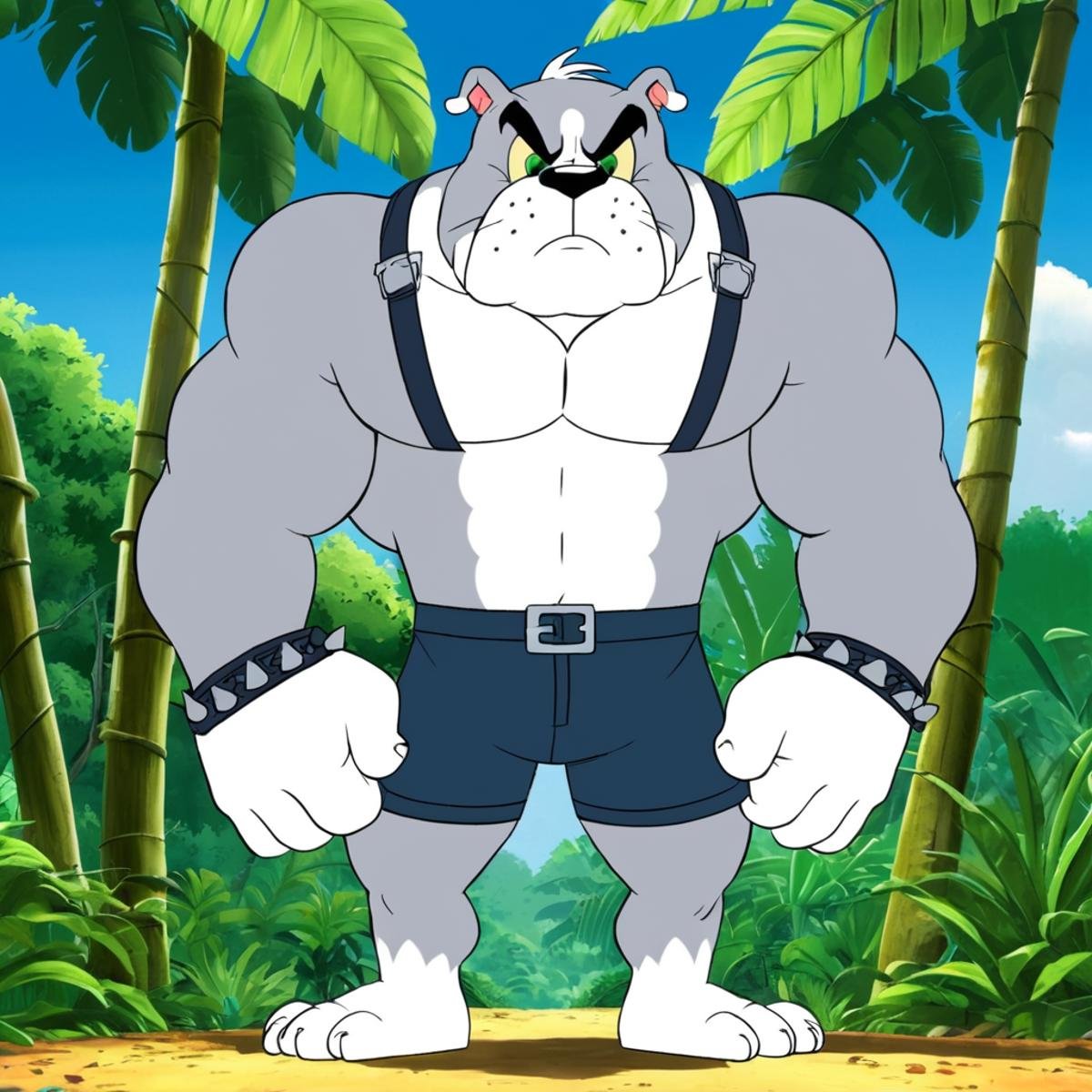 anime artwork of Spike A cartoon animated picture of a cartoon grey white muscular Bulldog standing in the middle of a jun...