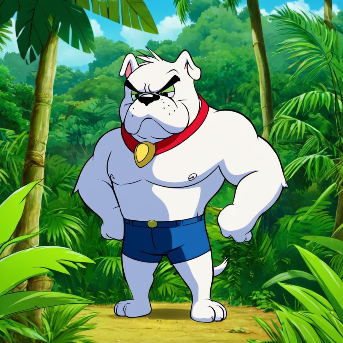 anime artwork of Spike A cartoon animated picture of a cartoon Bulldog standing in the middle of a jungle,  animated carto...