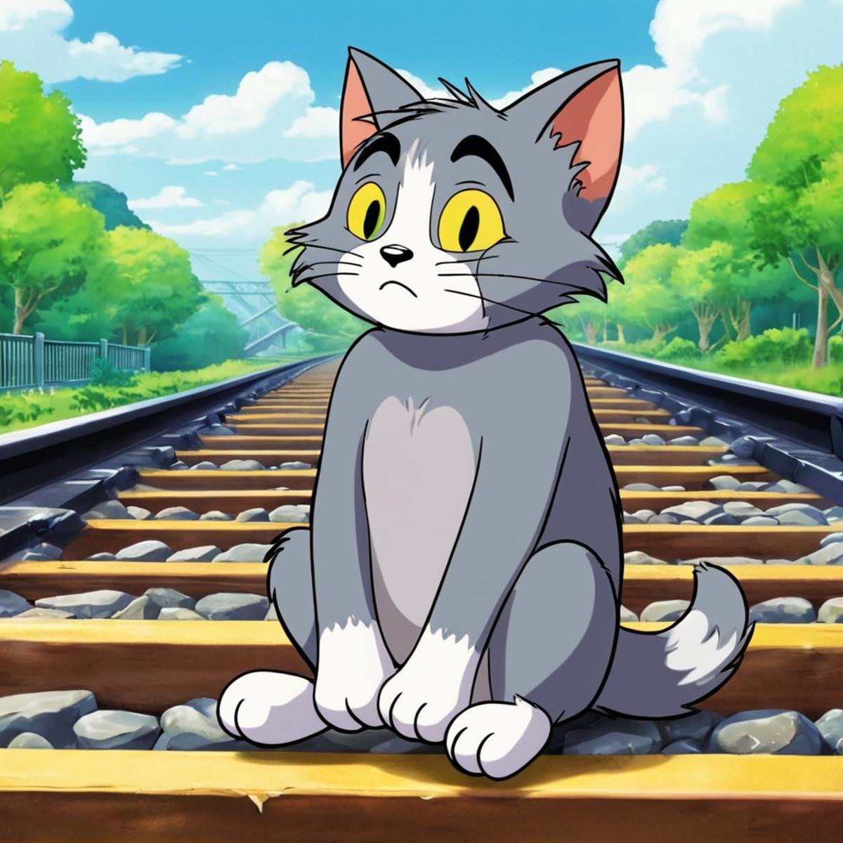 anime artwork of Tom A cartoon animated picture of a very sad crying depressed cartoon grey cat sitting on a train track,...