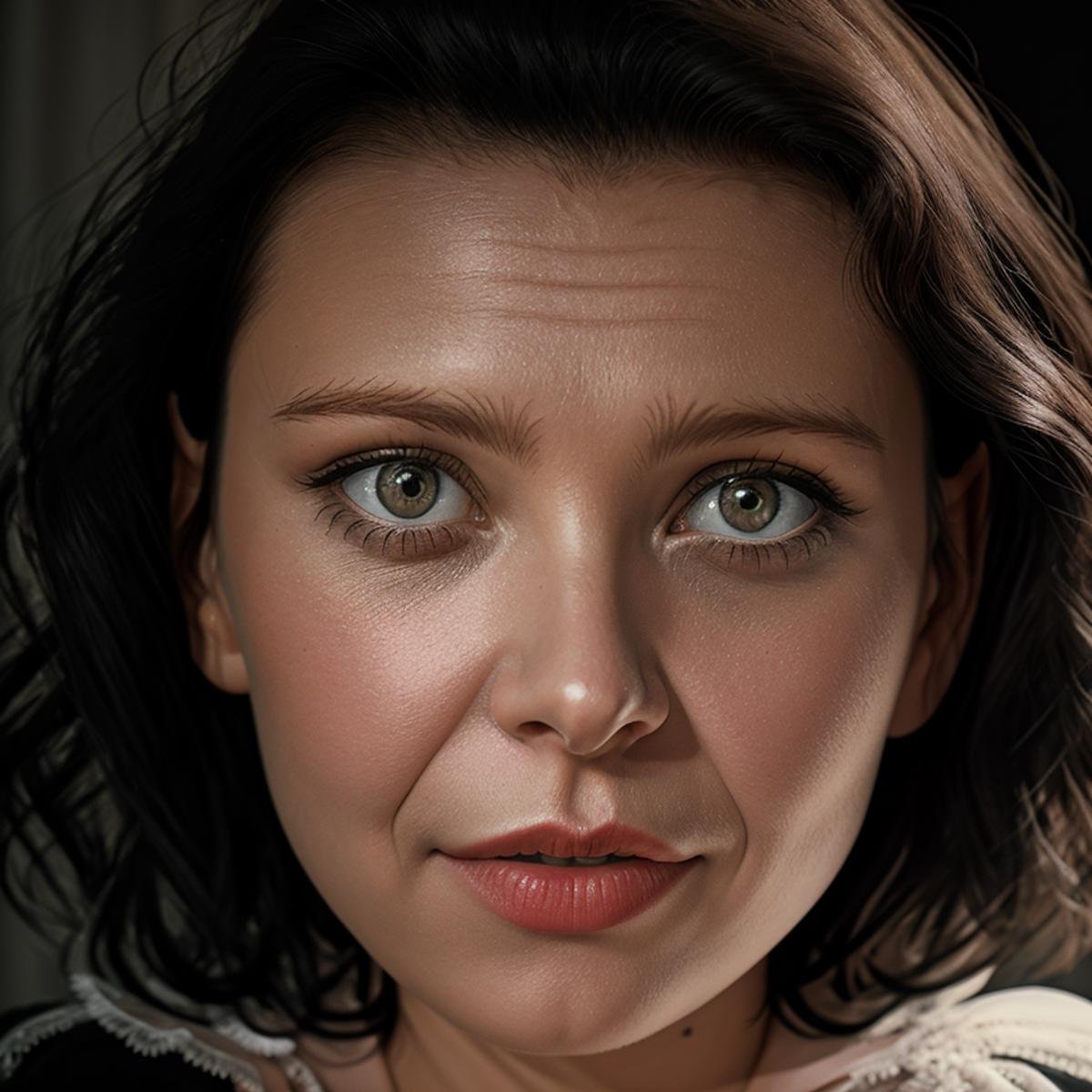 Hyperrealistic art of Julia Larot a woman with a surprised look on her face looking up vintage Glamour Photography,  Extre...