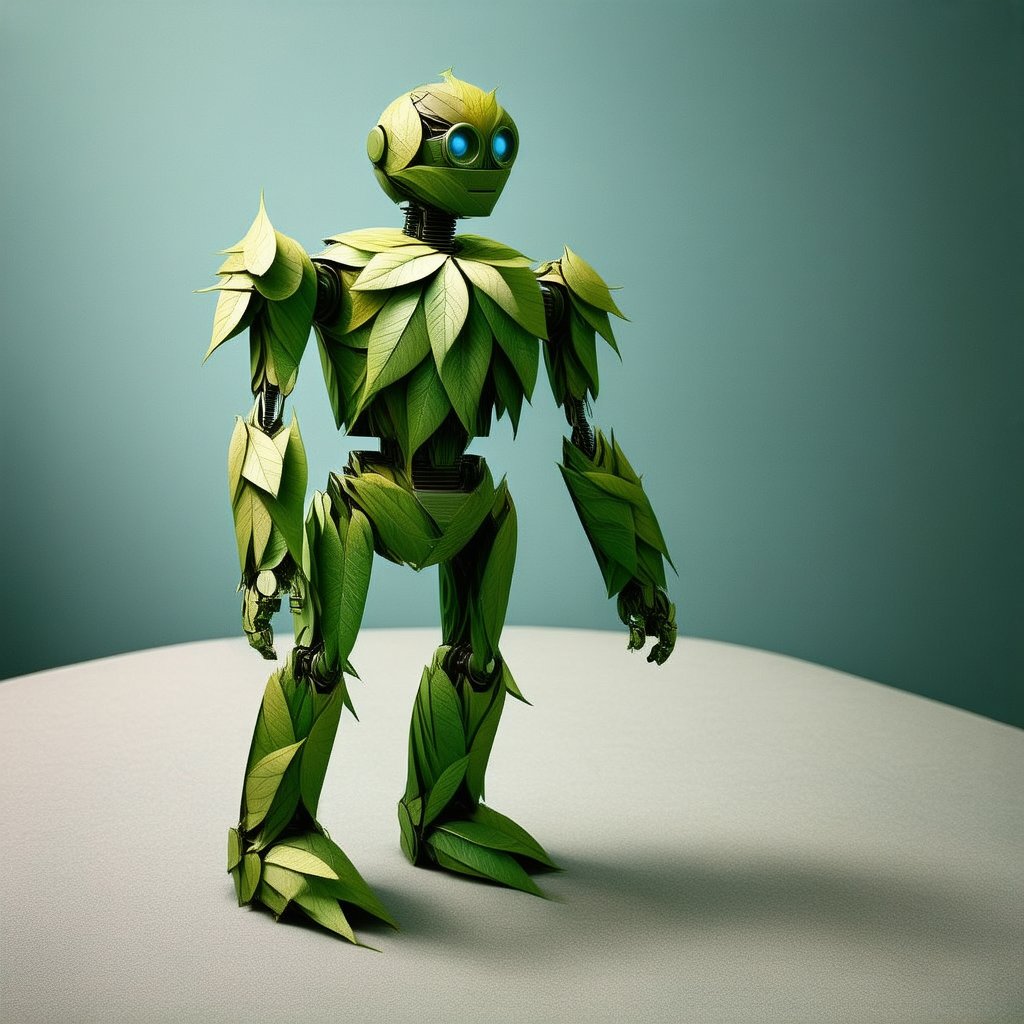 a robot made out of leaves