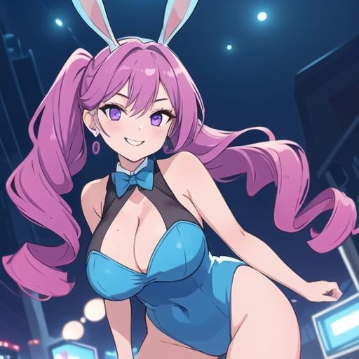 masterpiece, 1 girl, mature girl, bunny girl, bunny ears, cinematic lighting, blue bunny suit, blue leotard, magenta hair, twin drills, magenta eyes, earrings, evil smile, large breasts, cleavage, beautiful detailed body, detailed eyes, night background, night, looking at viewer, sleeveless