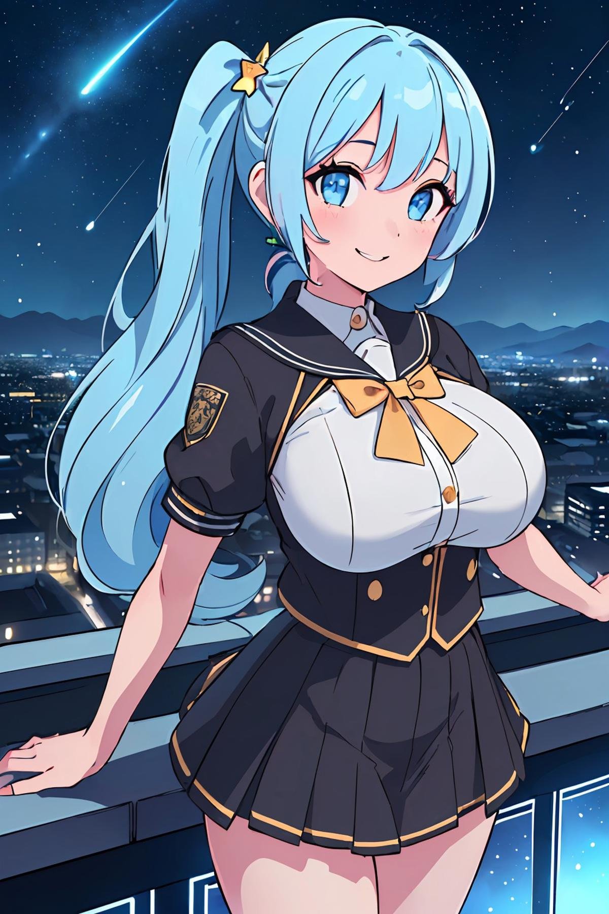 ((((masterpiece))), (((best quality))), ((ultra-detailed)), (illustration), (detailed light),((an extremely delicate and beautiful)),(beautiful detailed eyes),(((1 girl))),((((long sky blue hair, dual ponytails)))),(((Twin tail))),long straight hair,(((gold star hair ornaments))), (((black school uniform))),red tie,gray skirt,pink cheek,from diagonaly above,night road,looking at viewer,dark night,deep blue eyes,((((big-sized breasts)))), Stars,  beautiful starry sky, fine starry sky,((((starry sky)))),((((20 years old)))),looking at viewer,from diagonaly above,pink cheek,from diagonaly above,night road,(((night city))),(((standing on the building))),(under the starry sky),(((night))),(under the moonlight),(beautiful city),illustration, beautiful picture, artistic, logical, high res, high detailed, wallpaper, cinematic, amazing, 8k CG quality, feminine body, sexiest body, anatomically correct,  intricate details, chiaroscuro lighting, face focus, BIOLUMINESCENCE, glowing, Panoramic, Vivid, Dramatic lighting, iridescent, smiling 