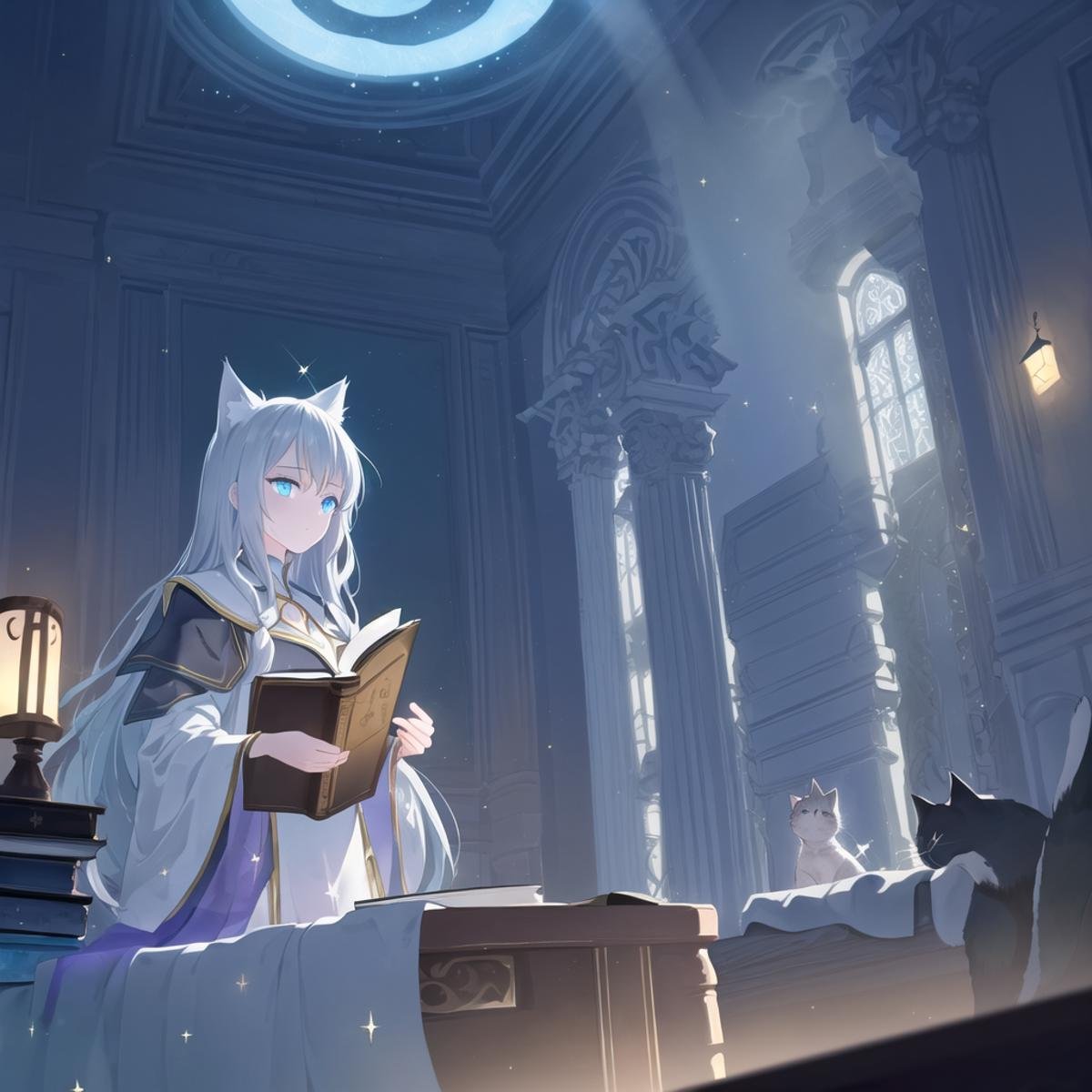 watercolor, cat girl with blue eyes and long silver hair deep in thought, scholar, sorceress studying, moody lighting, tranquil, calm, glow, glowing, mystical, magical, rim lighting, fantasy, sunbeam, soft lighting, sparkle, glittering, indoors, from below, night,