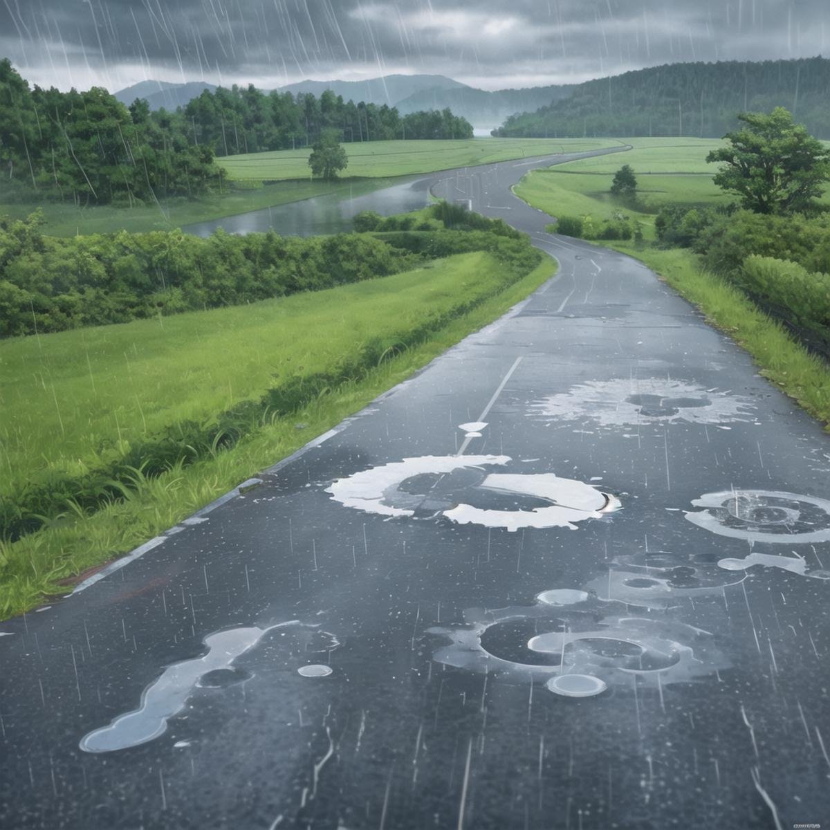 Concept art, no humans, water puddles, country side, road, rain, cloudy,