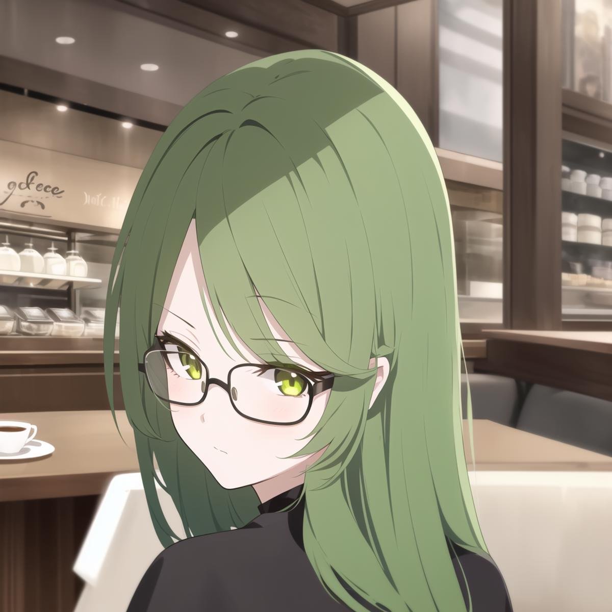 {best quality}, {{masterpiece}}, {highres}, original, {ultra-detailed}, cafe, (delicate),(alternate hairstyle), graceful, cafe, 1girl, mid-age female,mature female,detailed face,detail eyes, detailed hair, graceful, green hair, (dark persona), golden eyes, glasses, long hair, looking back, looking at viewer, clear face, expressionless,