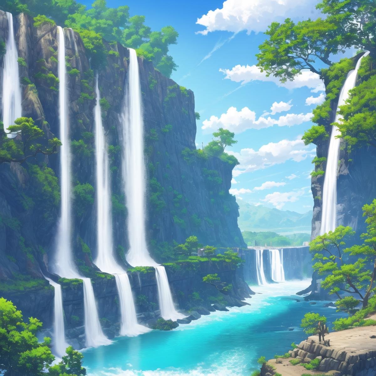 ConceptArt, no humans, scenery, water, sky, day, tree, cloud, waterfall, outdoors, building, nature, river, blue sky