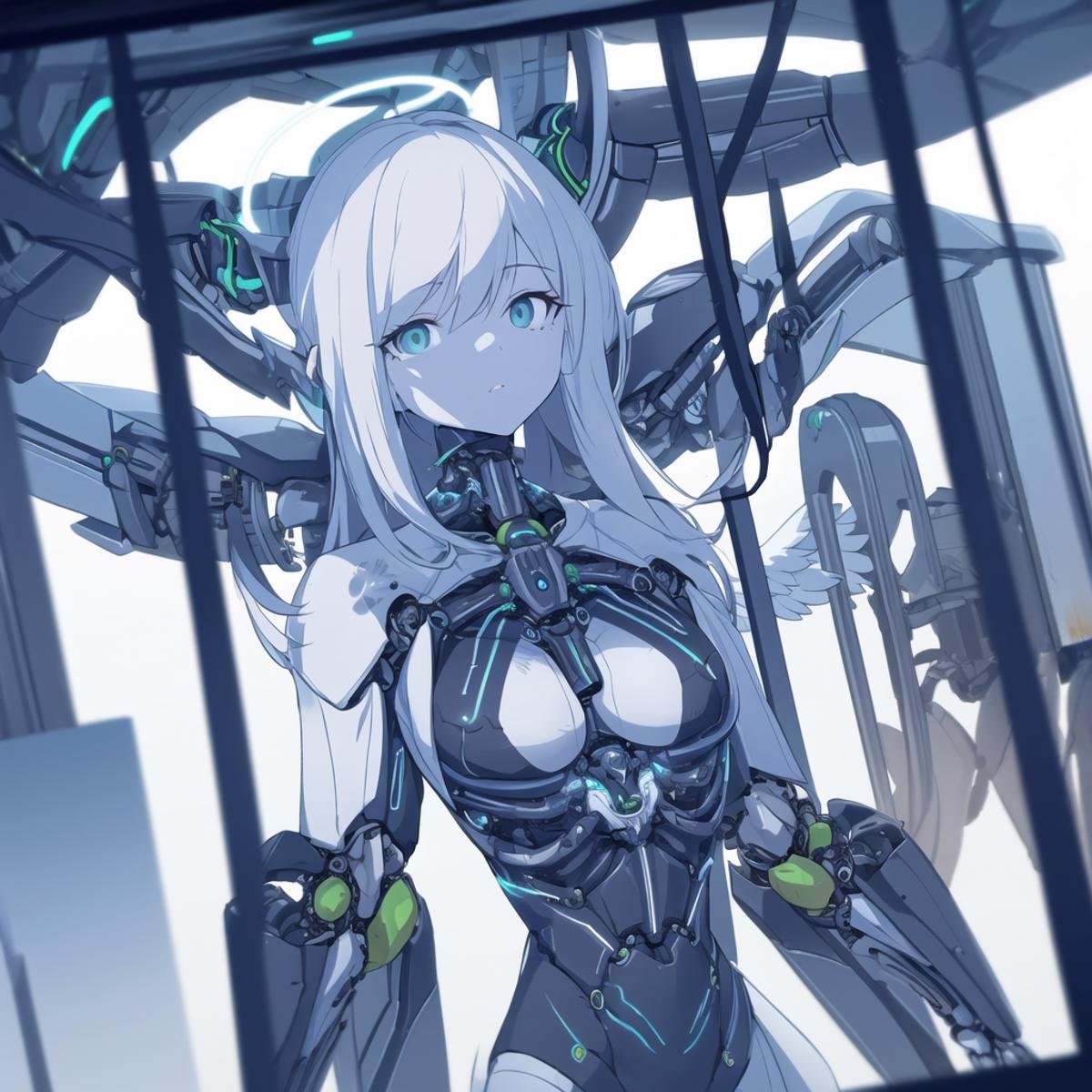 Painting, Unity Engine, stylized, Symmetrical Female, Businessperson, Astonishing Angelic Halo, Mechanical Body Parts, Harness, shallow depth of field