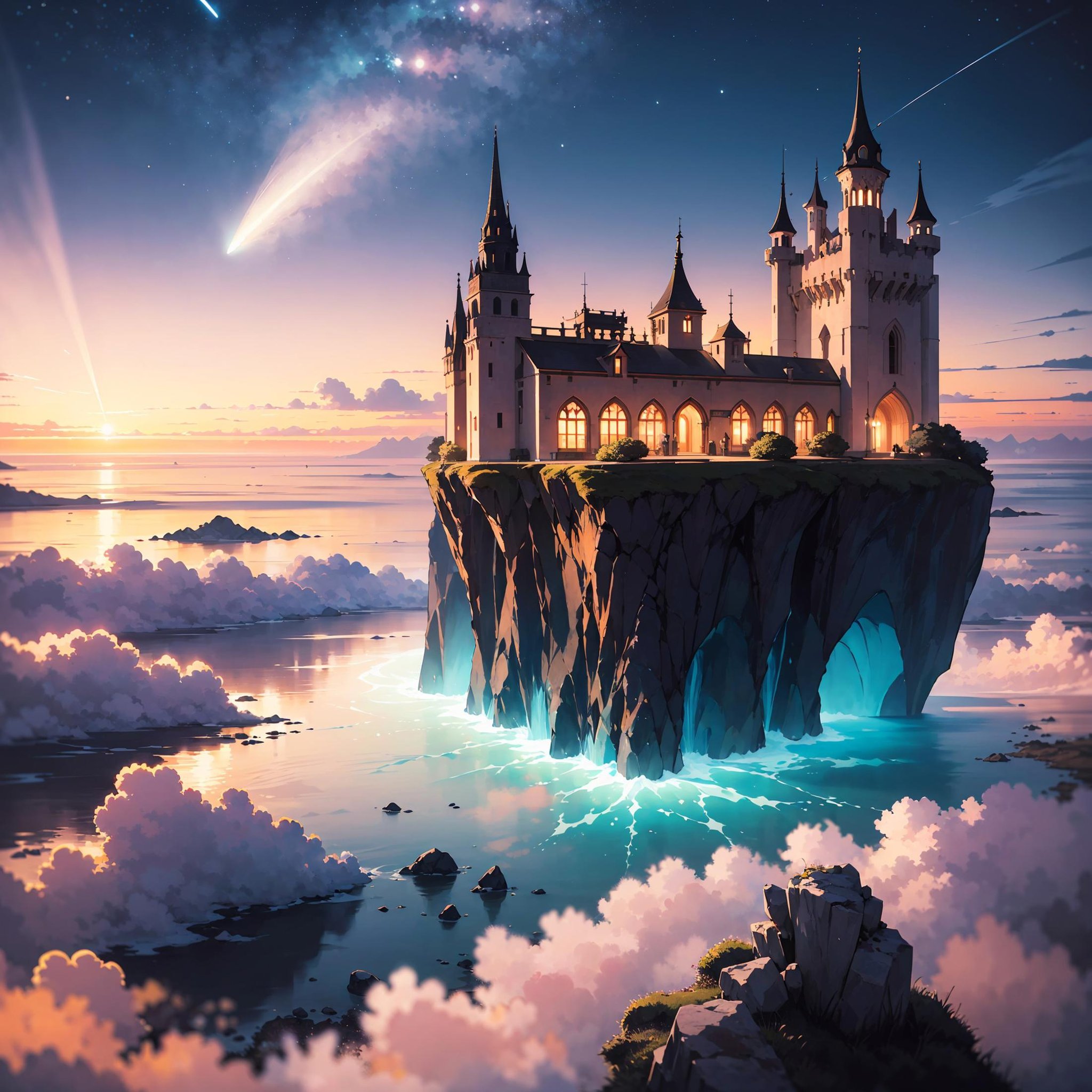 Divine Sanctuary: Haven Above the CloudsPerched atop a colossal floating rock, the "Divine Sanctuary" gleams under the twilight sky. The luminous palaces and towers, bathed in shades of gold and pink, are a testament to the architectural prowess of an otherworldly civilization. Below, the ocean stretches endlessly, occasionally dotted by flying vessels exploring the horizon. Amidst the serenity, a playful comet decides to photobomb, leaving a shimmering trail in the evening canvas.