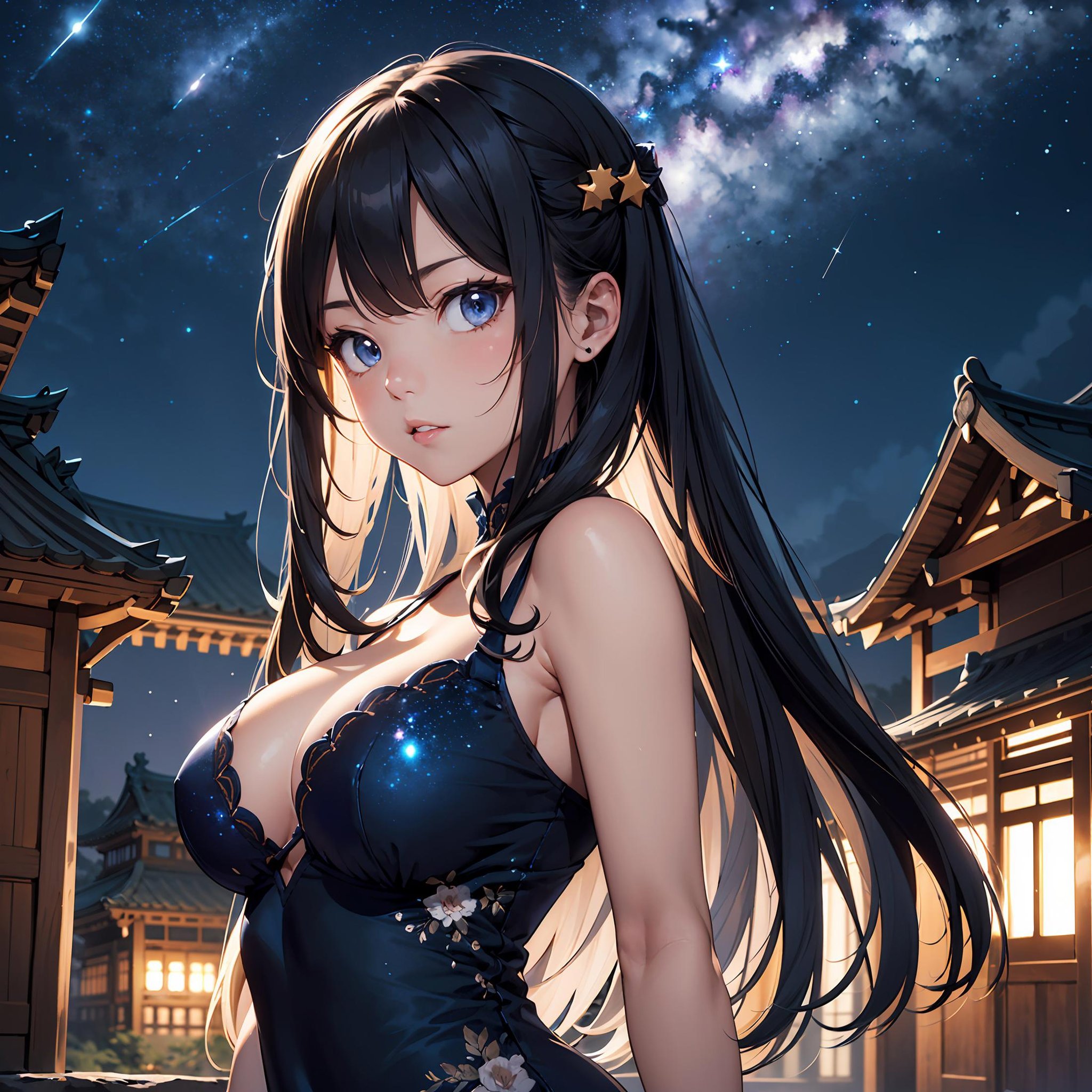 best quality ,masterpiece, illustration, an extremely delicate and beautiful, extremely detailed ,CG ,unity ,8k wallpaper, Amazing, finely detail, masterpiece, best quality, official art, extremely detailed CG unity 8k wallpaper, huge filesize , ultra-detailed, highres, extremely detailed, beautiful detailed girl, extremely detailed eyes and face, beautiful detailed eyes, light on face, 1girl, normal breast,glaring, serious, from behind, (galaxy:1.2), star \\(sky\\), (night sky:1.4), outdoors, (upper body:1.4), detailed sky, night, arms at sides, bule eyes, china dress, east asian architecture, 