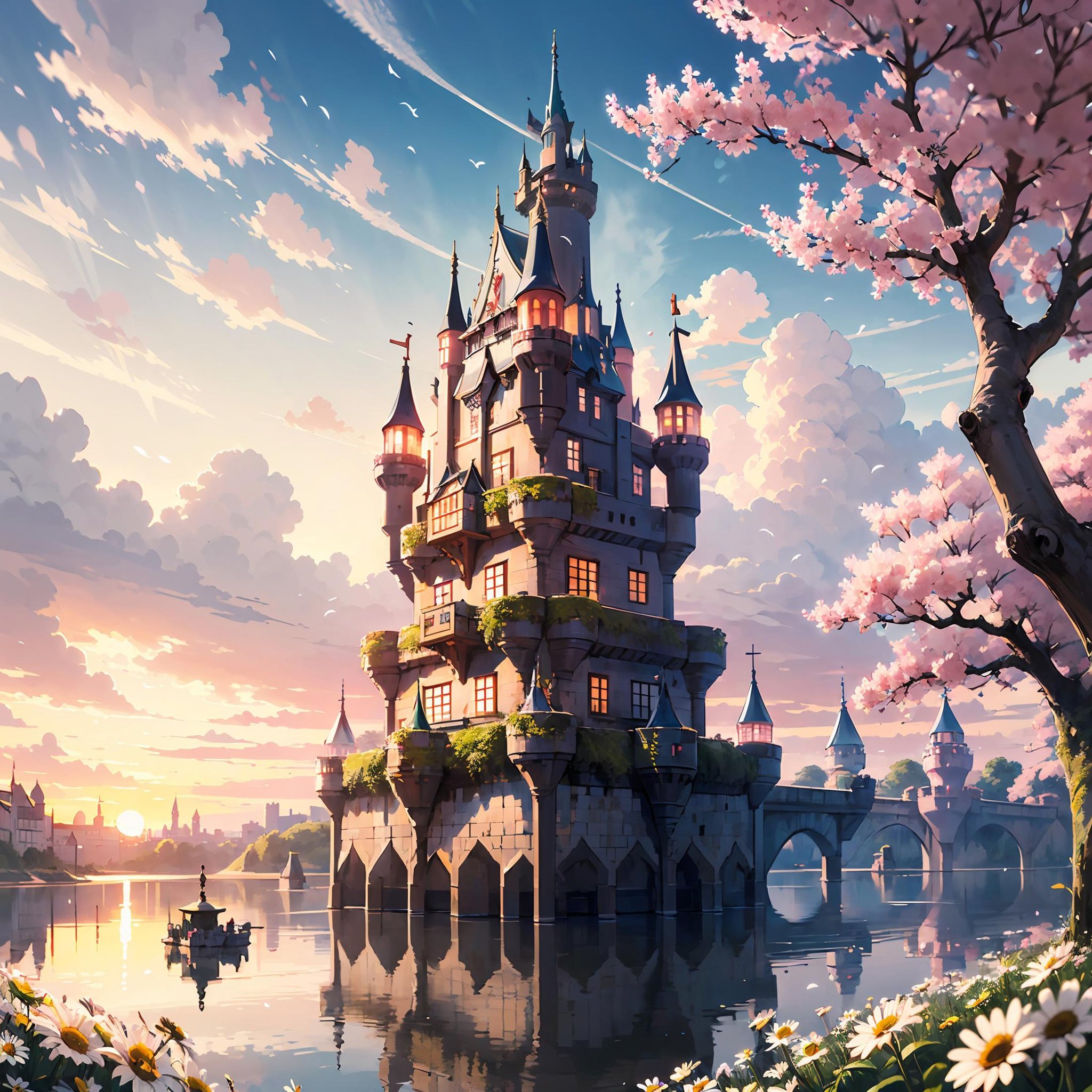 (floating castle:1.3), large castle, sunset , sakura trees in the background, whisteria trees in the background, fields of daisies, roses, and lilies in the background, 