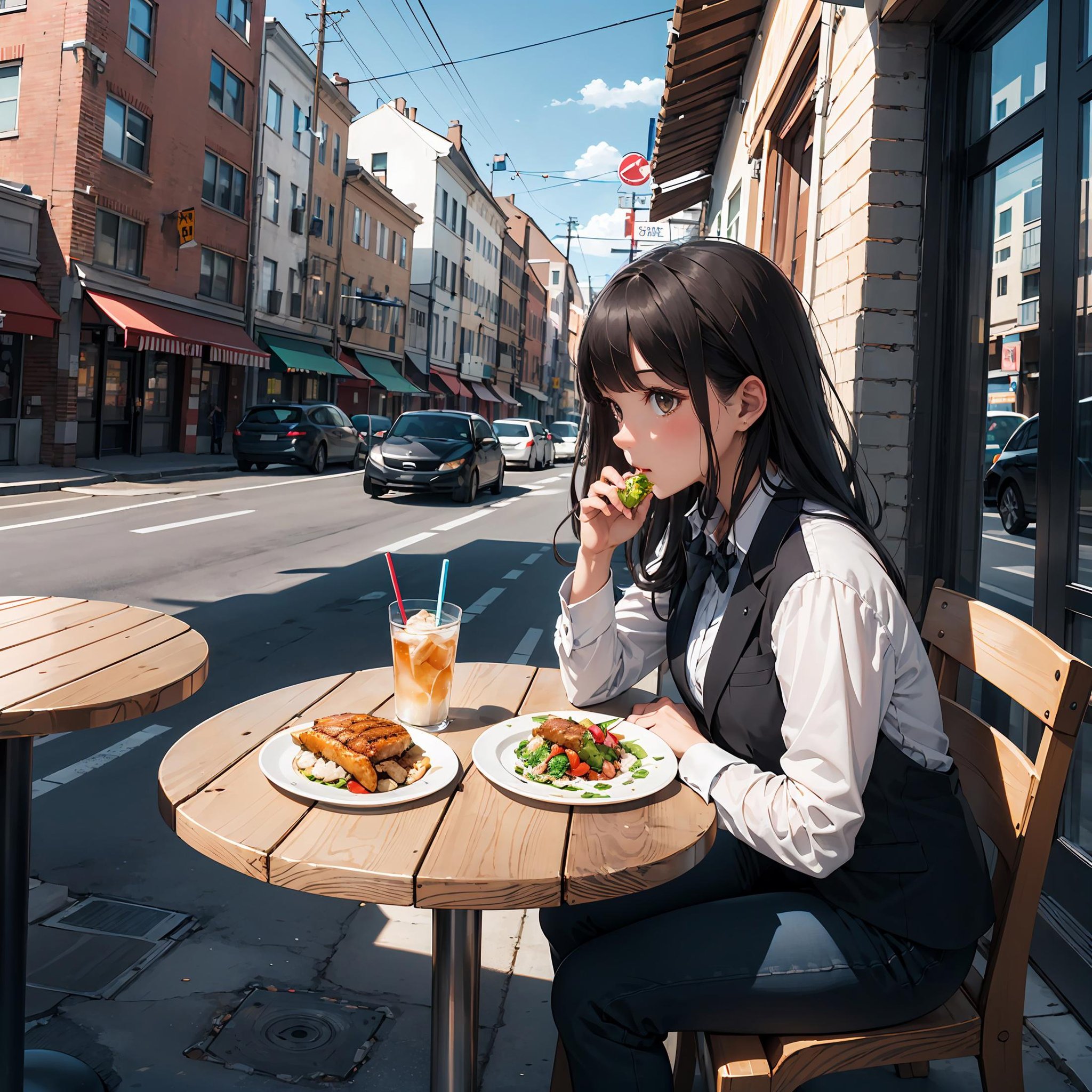 masterpiece, ultra detailed, high quality, 1girl, suit clothing, bright brown eyes, black blazer, white shirt, black long hair, bangs, black  trouser, she's sitting at a restaurant table at the sidewalk, eating lunch, plate, soda glass, she's looking away, scenery, urban scenery, cars, detailed scenery, beautiful background, shiny skin, high noon lighting, vivid colors, side view