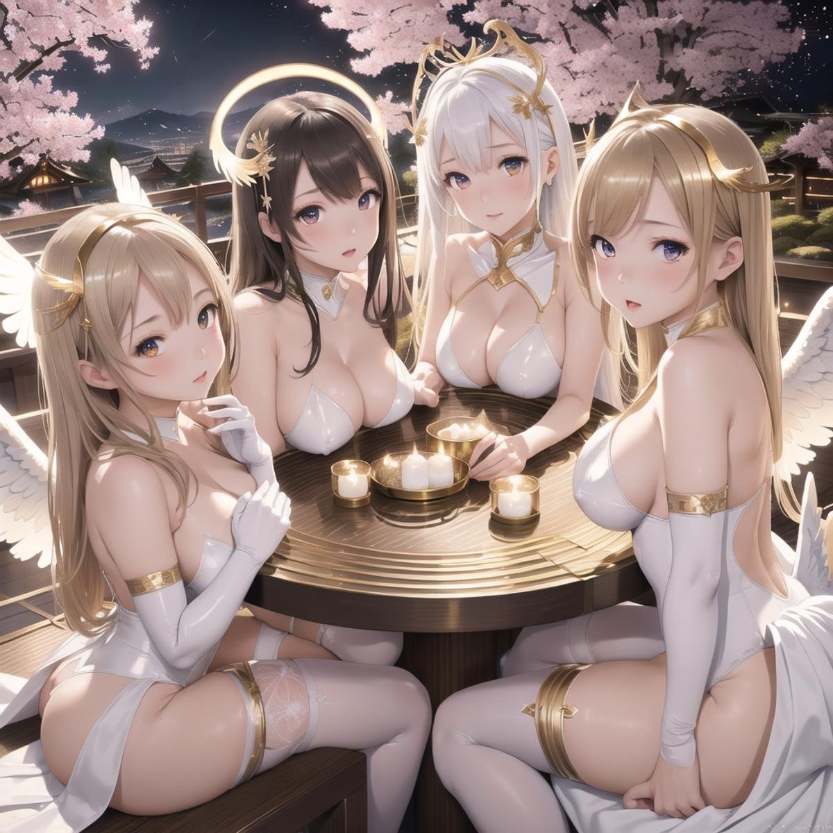 (masterpiece), best quality, expressive eyes, 3 girls, angels, white metalic wings, white and gold bodysuit, white stocking, gold hight heels, halo above head, night, onsen, sakura trees in the background, drinks on table, fireworks, (facing viewer:1.5)