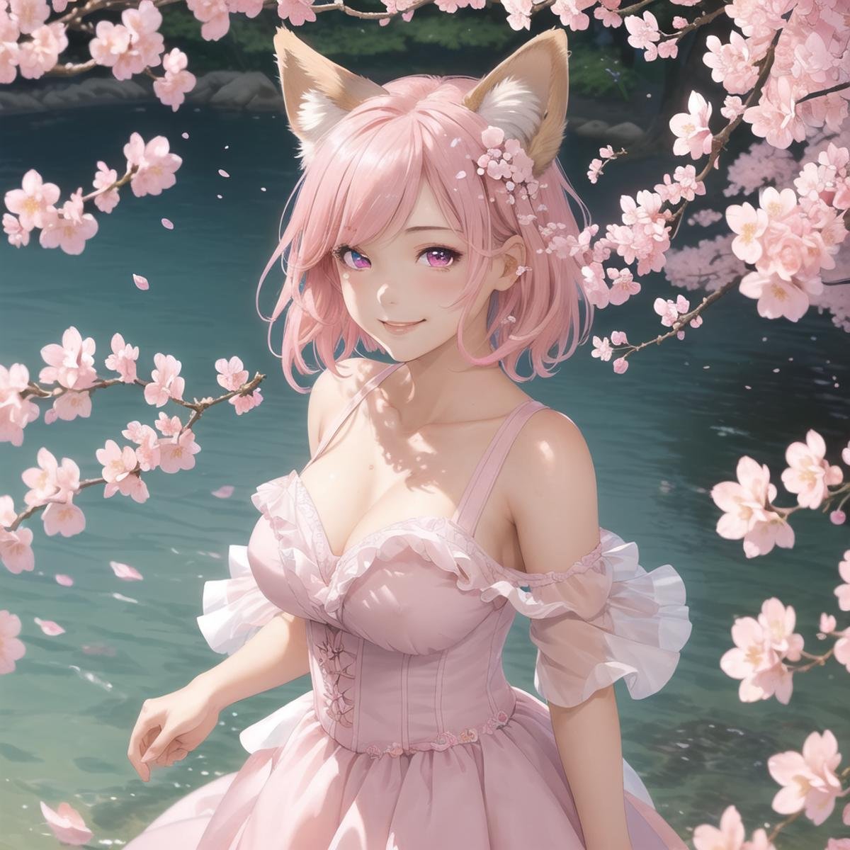 masterpiece, best quality, ultra-detailed, 1girl, detailed water, short hair, pink hair, light pink eyes, , ((close-up)), roses, everywhere roses, gorgeous, cherry blossoms, cherry, cherry blossoms tree, smile, view from front, fox ears