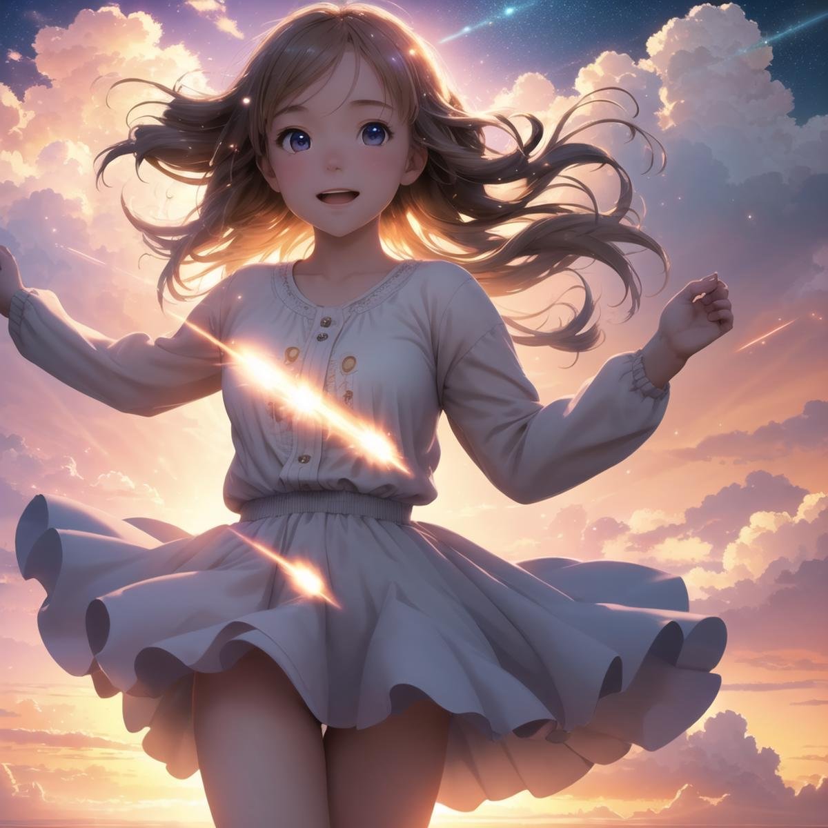 masterpiece, best quality, movie still, 1girl, cloud girl, floating in the sky, close-up, bright, happy, warm soft lighting, sunset, (sparks:0.7), light particles, volumetric lighting