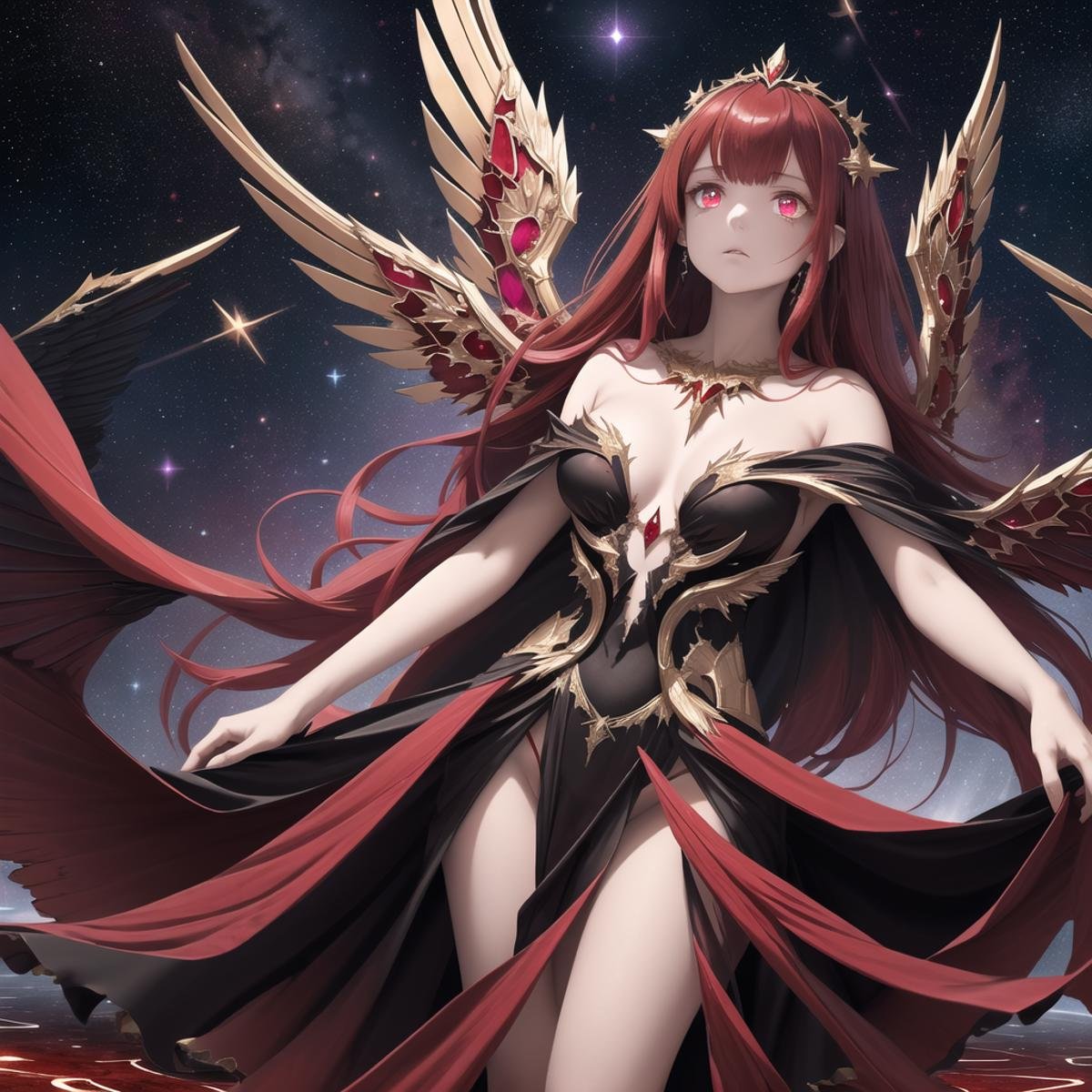 An unreal space where stars spin in the air. A goddess of death, ruby gemstone eyes, empty expression, cold eyes, standing on a rippled mirrored surface. Multiple wings with gold ornaments, dress gradient from red to black. Looking up. Reflection. Overhead viewpoint. Torn up dress and torn up cloak. Long and flowing blood red hair.