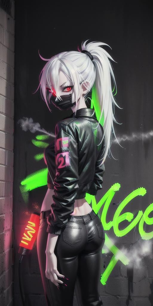 dim lighting, (neon green graffiti:1.2), alleyway, graffiti on wall, city, looking at viewer, 1girl, mature female, (white hair), high ponytail, standing, from behind, holding, holding spraycans, surgical mask, pale skin, (red eyes:1.3), looking at viewer, (winking:1.2), black jacket, black shirt, black pants,