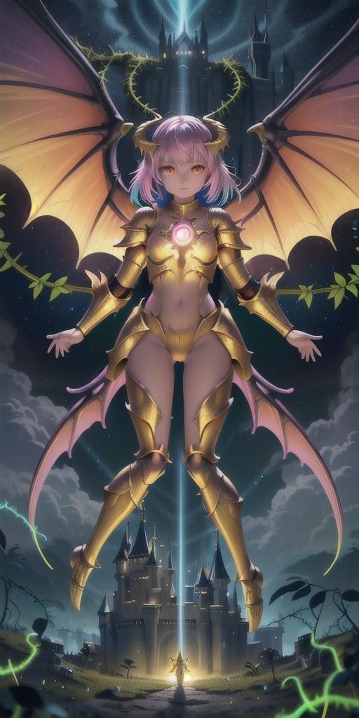 (colorful:1.2), 1girl, golden armor, glowing eyes, castle scenery, clouds, colossal girl, strong ambient lighting, sunbeam, (from above:1.3), (matching wings), dragon wings, overgrown, vines, bioluminescence, depth of field, noontime, full body,