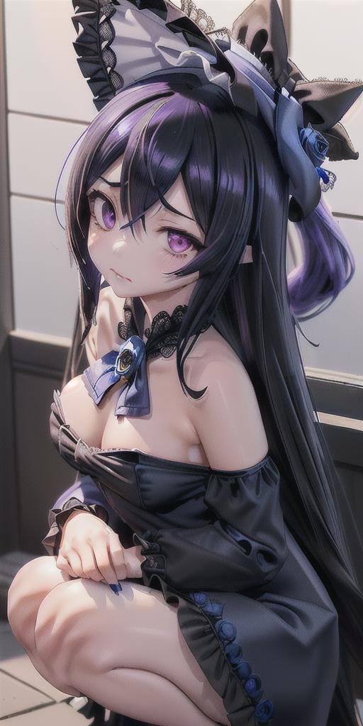 Rice Shower, (umamusume),1girl,(small breasts:1.2), (light purple eyes, black hair, long hair), (Hide the right eye with your hair:1.6), (Blue rose[:1.2] on a blue hat[:1.2]), horse ears, horse tail,((strapless black dress with lace,frills)),long sleeves,[[clavicle]],((Blue rose brooch)),squatting