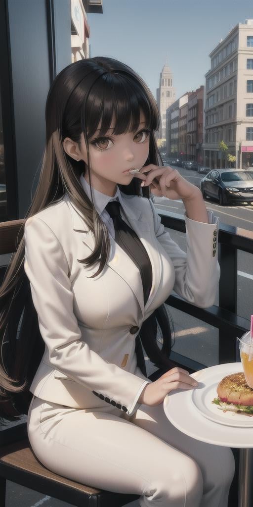 masterpiece, ultra detailed, high quality, 1girl, suit clothing, bright brown eyes, black blazer, white shirt, black long hair, bangs, black  trouser, she's sitting at a restaurant table at the sidewalk, eating lunch, plate, soda glass, she's looking away, scenery, urban scenery, cars, detailed scenery, beautiful background, shiny skin, high noon lighting, vivid colors, side view