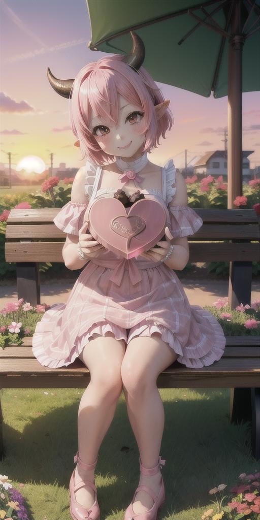 A cute girl with short pink hair, cow ears and horns, giving out a box of heart shape chocolate (box)smiling, anime, colorfull colors,flowergarden, sunset, sitting on bench,