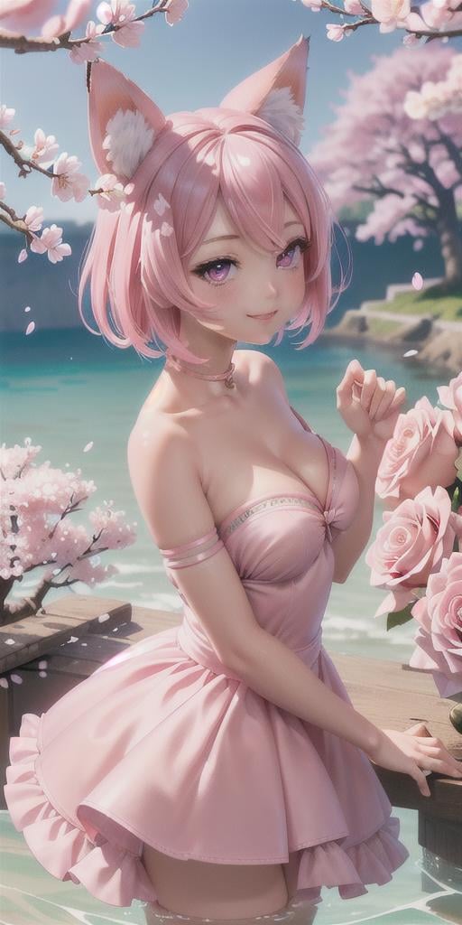 masterpiece, best quality, ultra-detailed, 1girl, detailed water, short hair, pink hair, light pink eyes, , ((close-up)), roses, everywhere roses, gorgeous, cherry blossoms, cherry, cherry blossoms tree, smile, view from front, fox ears