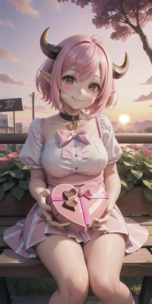 A cute girl with short pink hair, cow ears and horns, giving out a box of heart shape chocolate (box)smiling, anime, colorfull colors,flowergarden, sunset, sitting on bench,