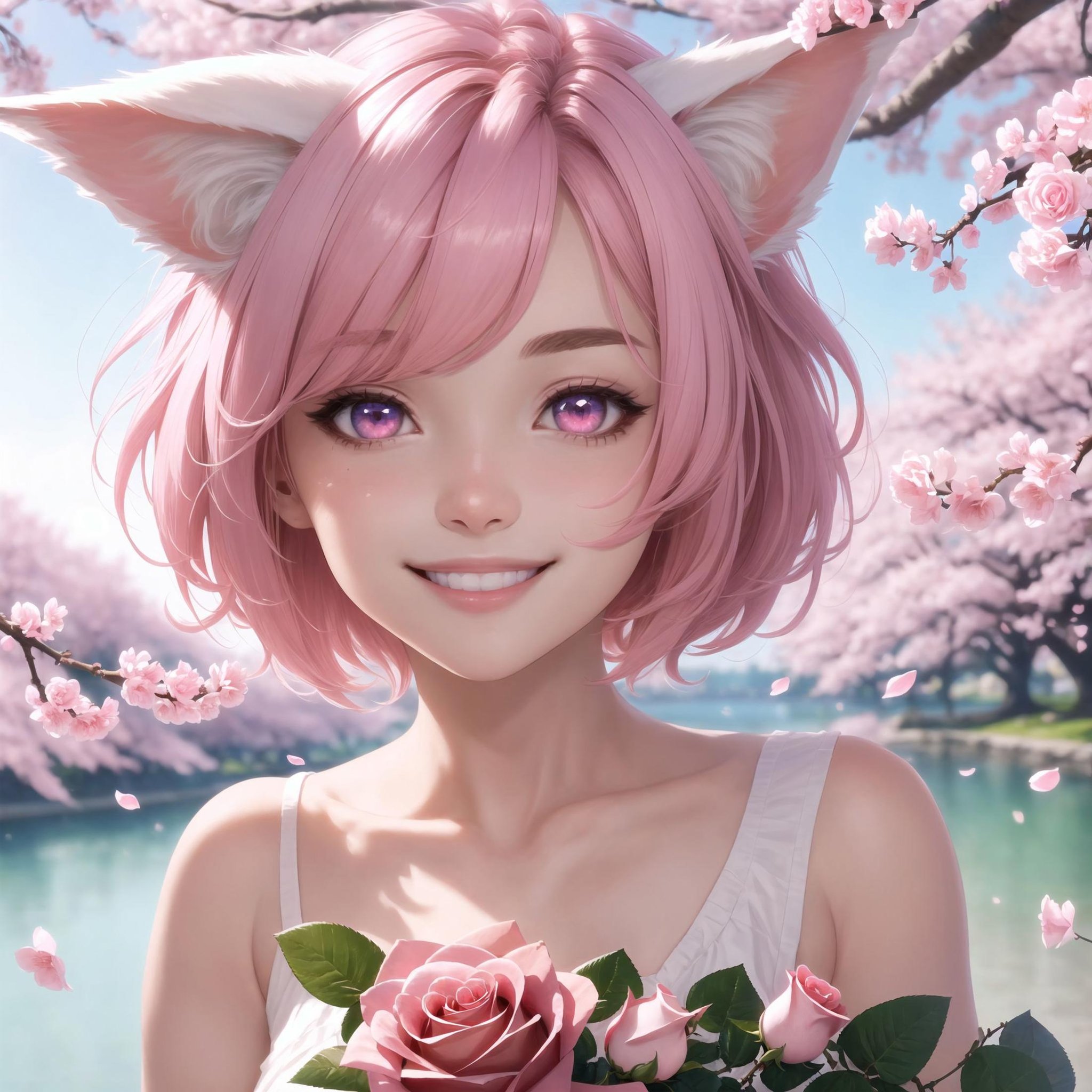 masterpiece, best quality, ultra-detailed, 1girl, detailed water, short hair, pink hair, light pink eyes, , ((close-up)), roses, everywhere roses, gorgeous, cherry blossoms, cherry, cherry blossoms tree, smile, view from front, fox ears