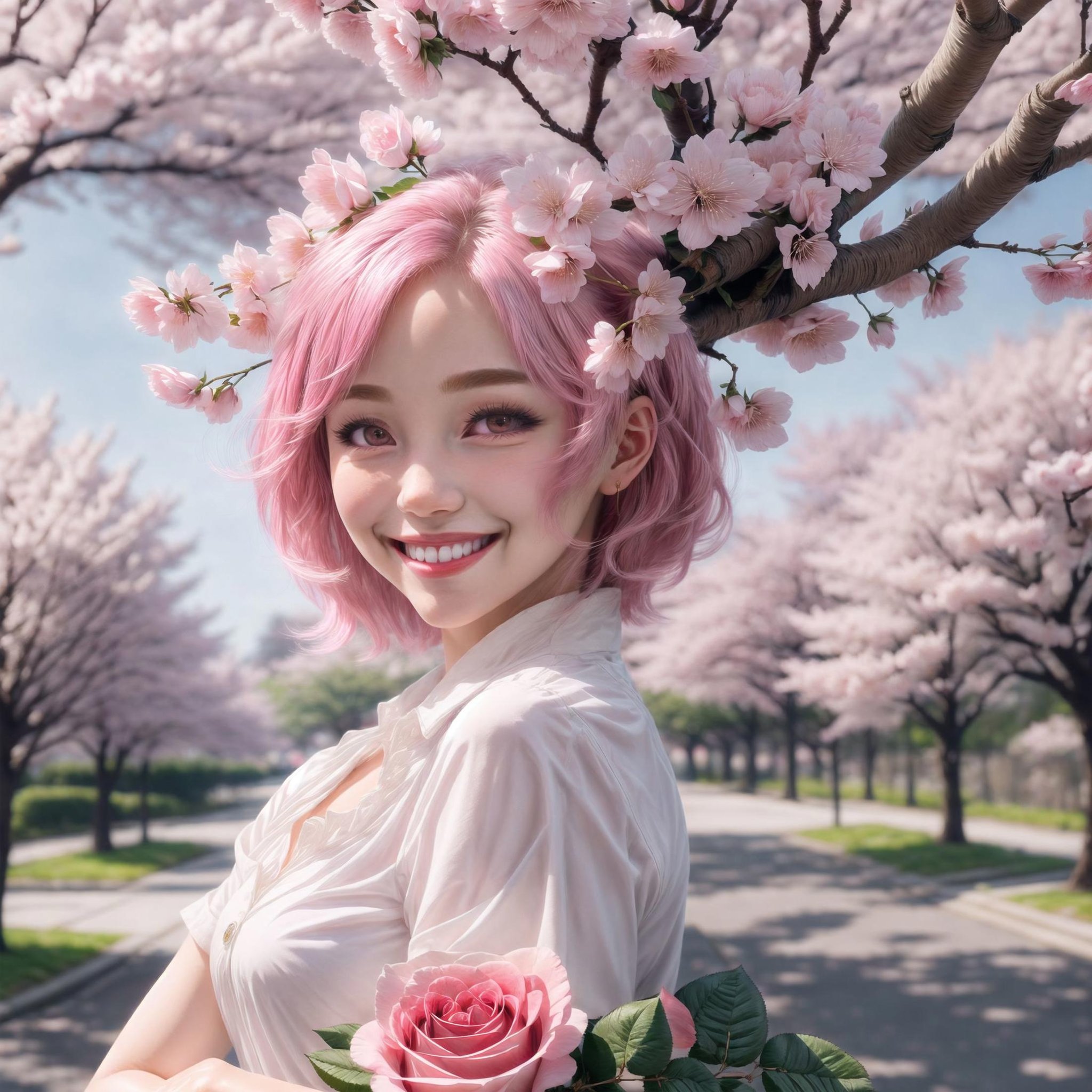 masterpiece, best quality, ultra-detailed, 1girl, detailed water, short hair, pink hair, light pink eyes, , ((close-up)), roses, everywhere roses, gorgeous, cherry blossoms, cherry, cherry blossoms tree, smile, view from front, fox ears <lora:add_detail:1.5> <lora:realistic:1>