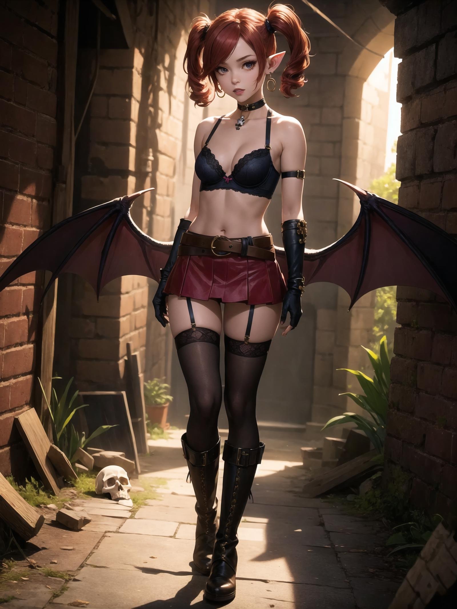 ((best quality)),((masterpiece)),(detailed),(realistic),(8k), (4k), (full body, 1woman, solo:1.3), looking at the viewer, in a dark dungeon, Etna, bat wings, demon wings, demon tail, red hair, twintails, pointy ears, flat chest, small breasts, short twintails, jewelry, choker, o-ring, thighhighs, black elbow gloves, belt, miniskirt, boots, bare shoulders, midriff, bra, skull earrings