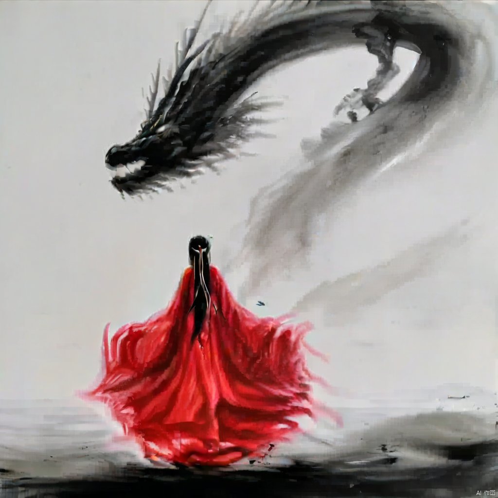 1girl,red dress,dragon,ink painting,