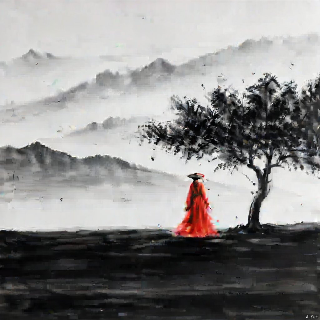 ,tree,mountains,ink painting,a drawing of luffy crouched with his hand holding onto the straw hat,the straw hat covers the face,cry,front view,red coat,yellow straw hat,
