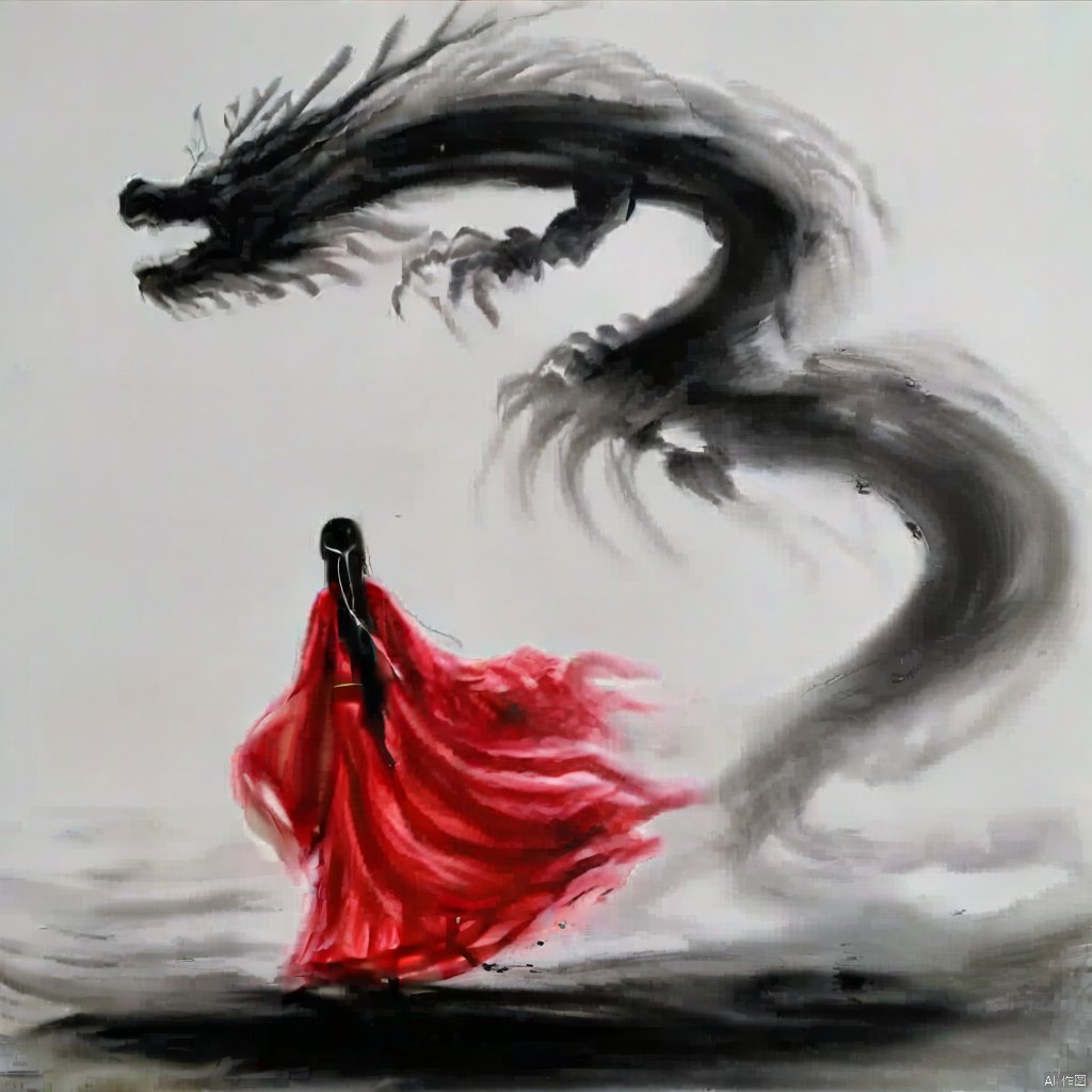 1girl,red dress,dragon,ink painting,