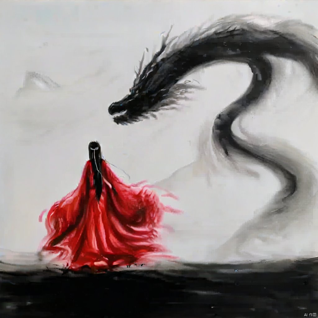 1girl,red dress,dragon,ink painting,