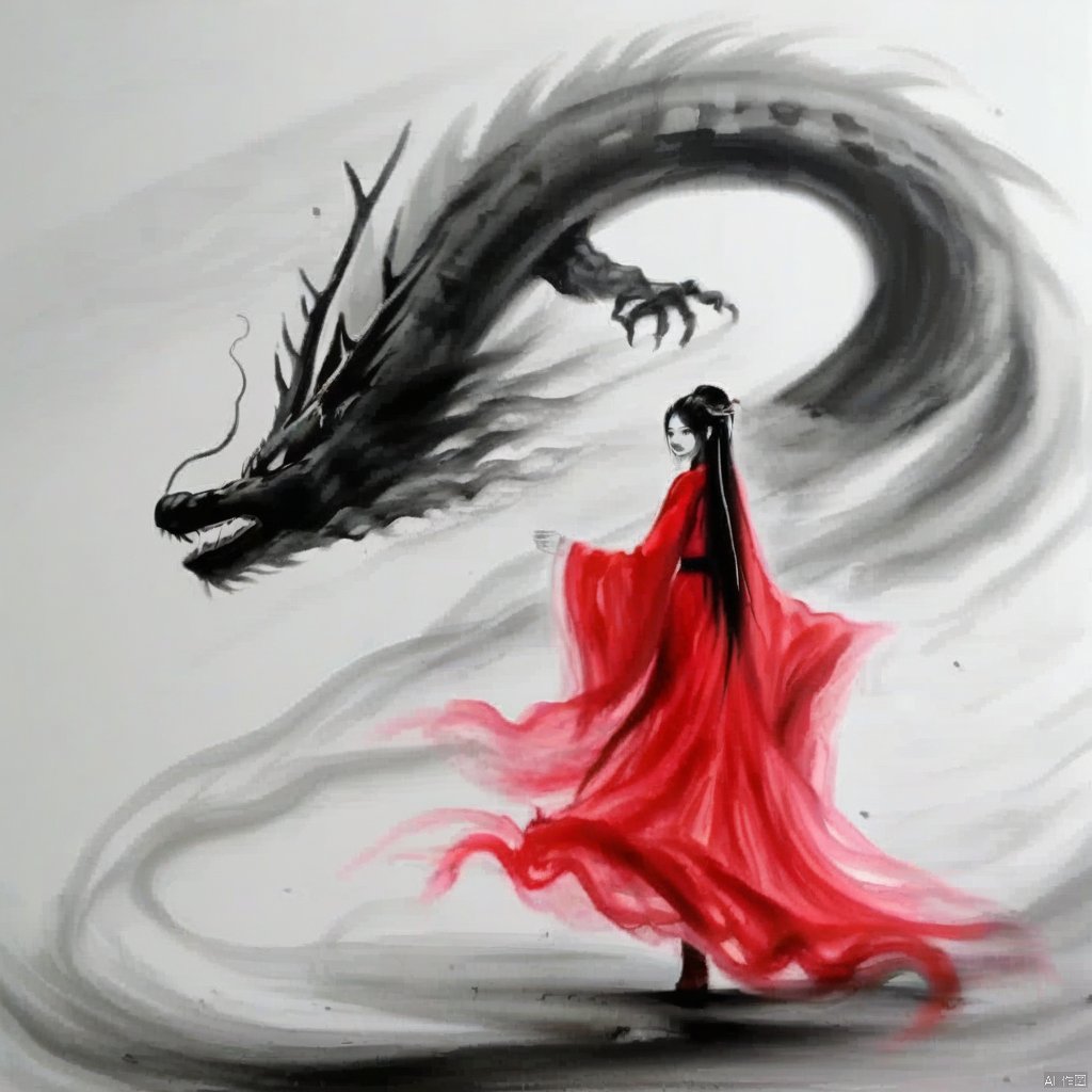 1girl,red dress,dragon,ink painting,
