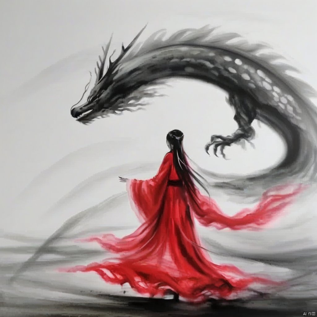 1girl,red dress,dragon,ink painting,
