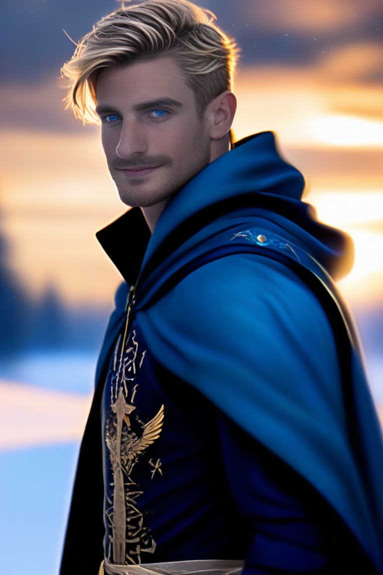 (realistic, masterpiece, high quality, best quality), solo focus, 1man, English, (warlock, wearing adveture clothes),  looking to the side while focused, hands at the sides of body, side-standing, ((dynamic )), outdoors, snowing, sky, aurora, cold,  ((realistic, photo, fix realistic intricate real male head hair skin nose eyes mouth facialhair)), blue eyes, real blond hair , ((highres, uhd(, colorful, depth of field, new, newest, bokeh)),ollie