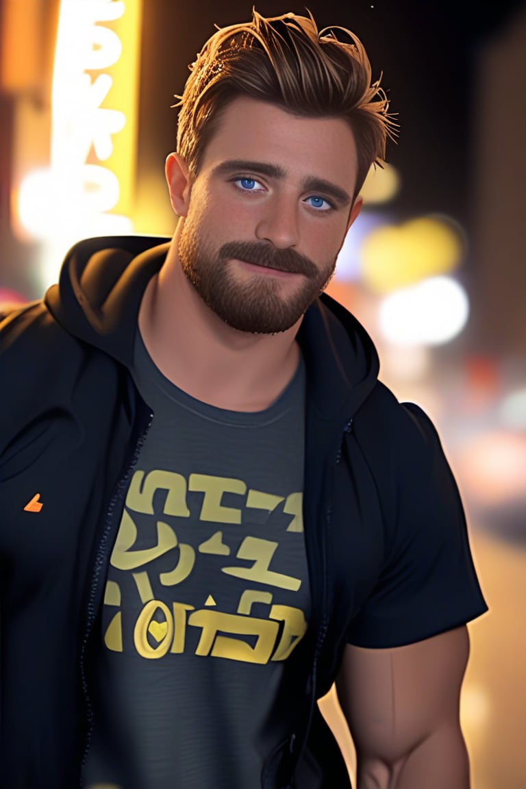 (masterpiece, only realistic, best quality), absurdrealistic photo of ollie, english man, brown facial hair, plump, handsome, short hair, blue-eyes, tall, real matte skin, expressive eyes, punk jacket, long beard, undershirt, punk shirt, bandana, outdoors, night, depth of field, bokeh, exceptional realism realistic smooth clearn clean photo in uhd, high-res, high-definition, original, dynamic view, best photo portrait in the world, photorealistic,